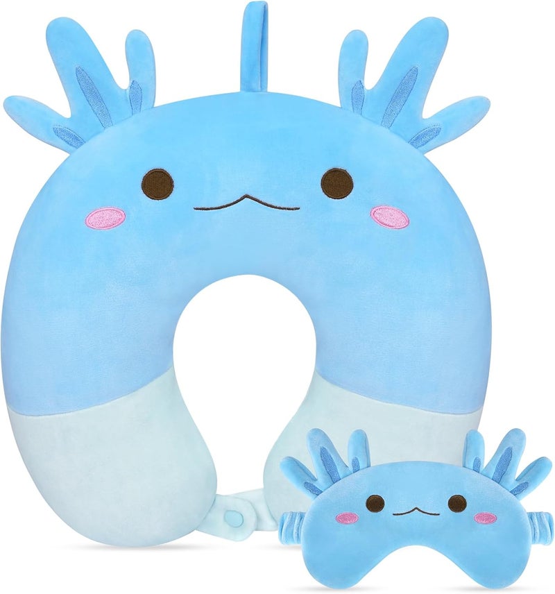 JEROKUMI Kids Neck Pillows for Travel, Travel Pillow with Eye Mask Cartoon Axolotl U Shaped Neck Pillow for Sleeping Travel, Head Support Neck Pillow for Kids Teens Airplane Roadtrip Car - Image 1